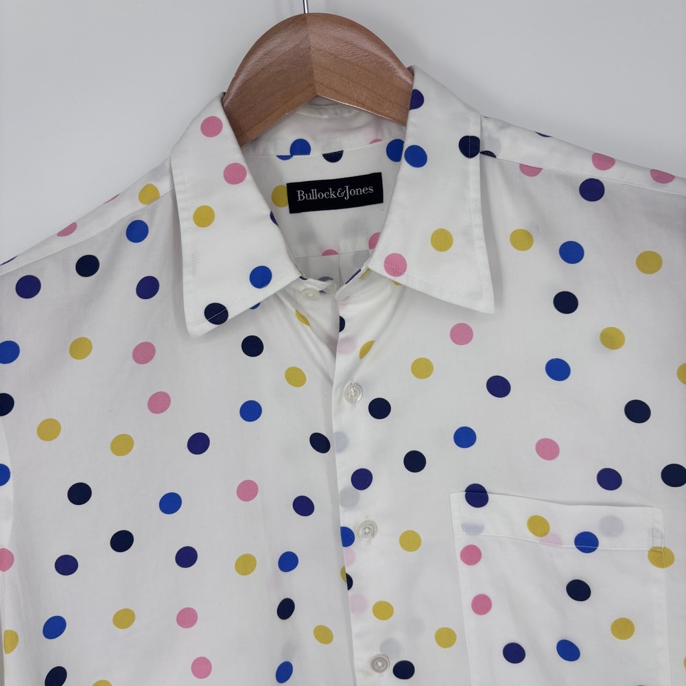 Bullock & Jones Short Sleeve Button Down Shirt Men M White Polka Dot Funky Retro